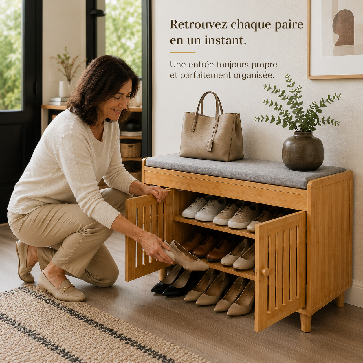 Banc Rangement Chaussures Bambou Entrée – Banquette Étagère Intégrée Écologique Design Naturel