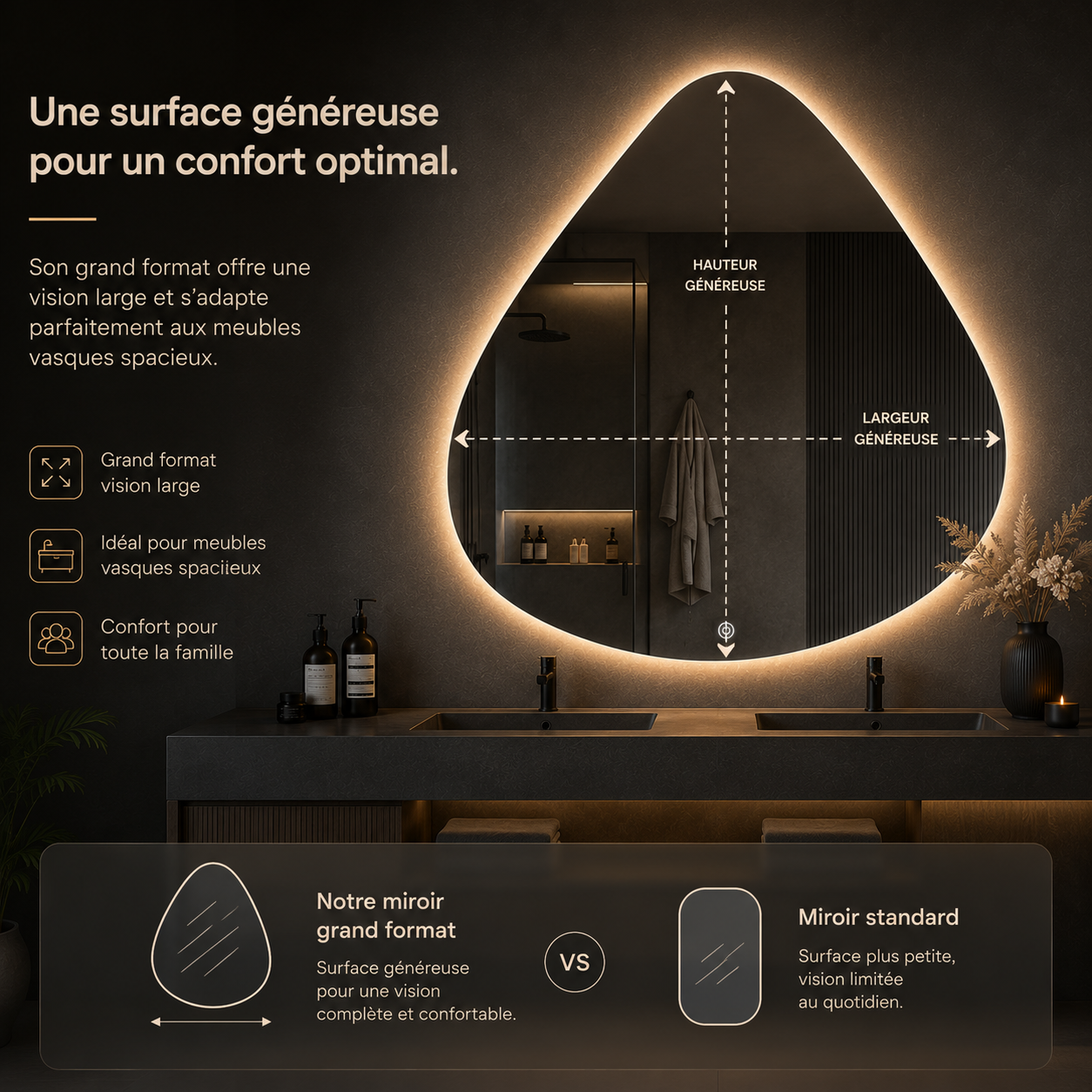 Miroir LED Salle de Bain Anti-Buée Grande Taille – Miroir Lumineux Mural Moderne Premium Épuré