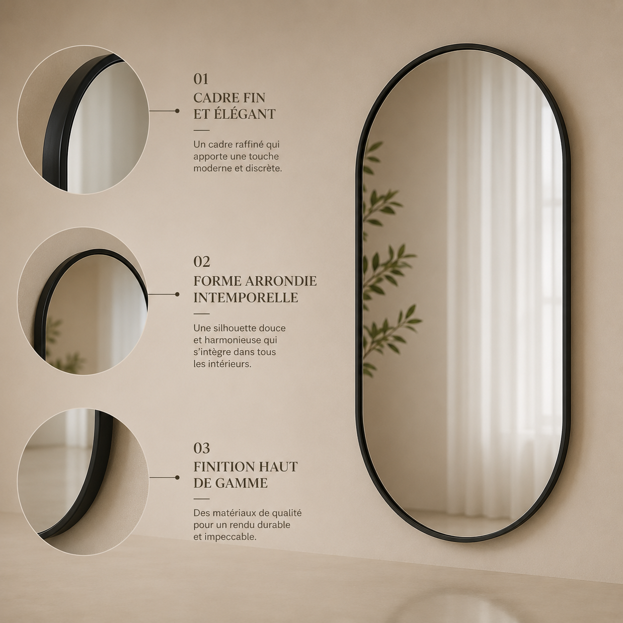 Miroir Ovale Verre Salle de Bain Luxe 50x80cm – Miroir Ovale Élégant Mural Design Premium Moderne