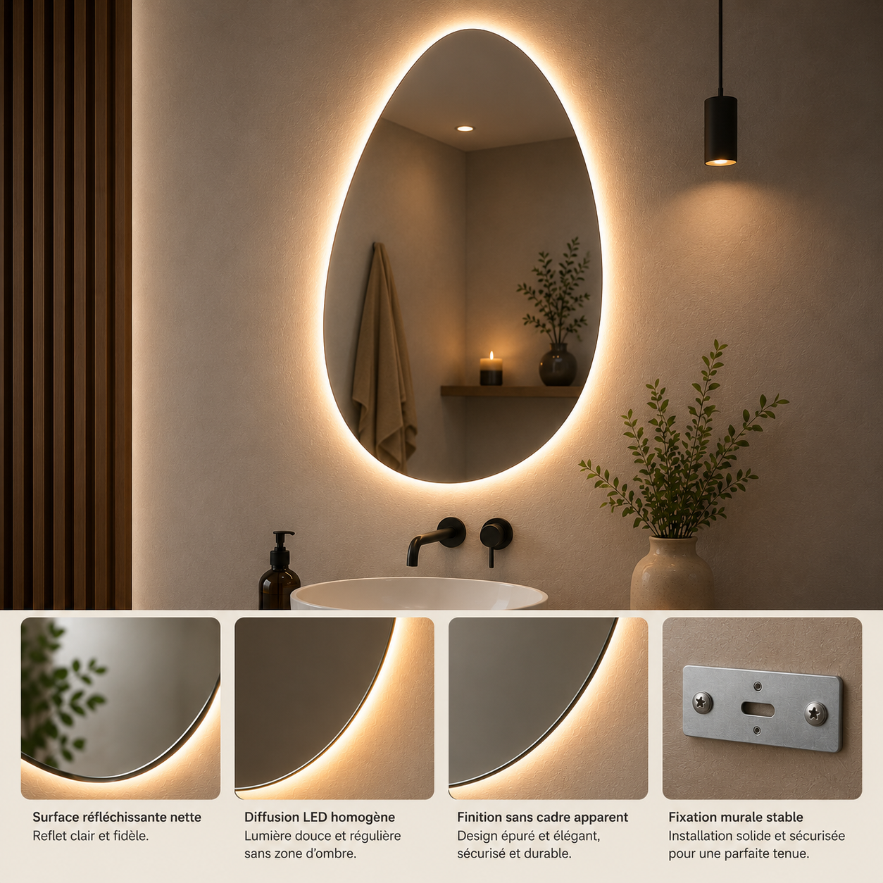 Miroir LED Rectangulaire Anti-Buée Joystar 50-70cm – Miroir Lumineux Salle de Bain Mural Premium
