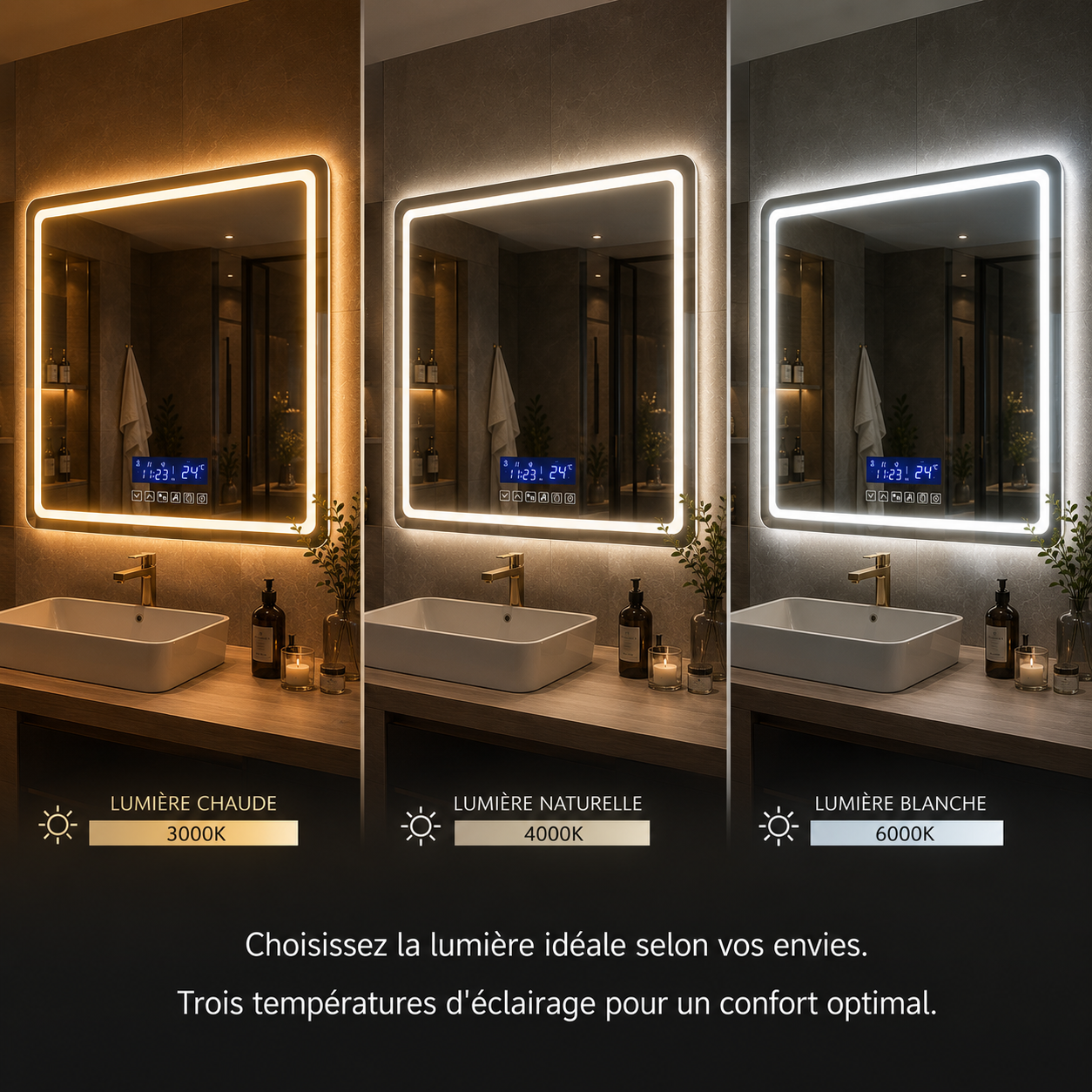 Miroir Bluetooth Smart Touch LED Hôtel Collection – Miroir Intelligent 3 Températures Lumière