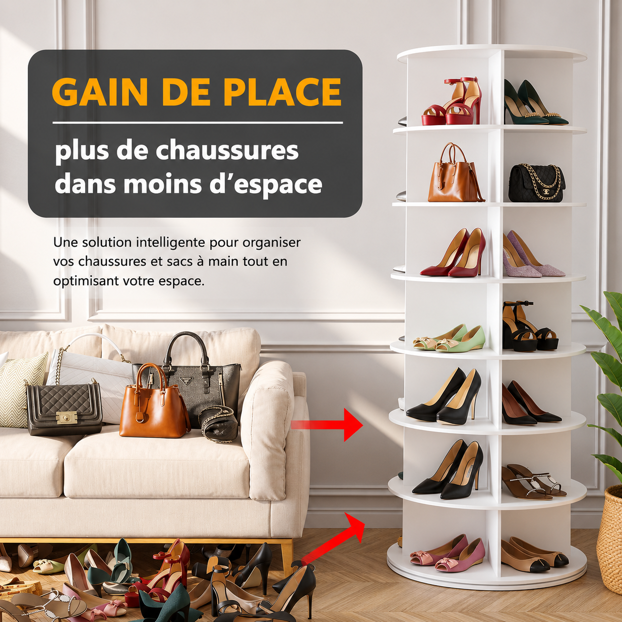 Tour Rotative Pivotante à Chaussures en Bois – Présentoir Tournant 360° Luxe Grande Capacité
