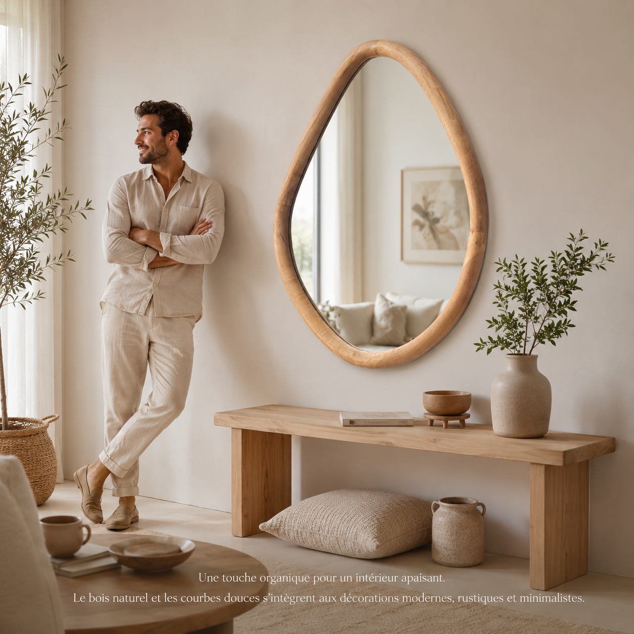 Miroir Mural Bois Naturel Forme Irrégulière 21x26cm – Miroir Organique Décoratif Chambre Salon