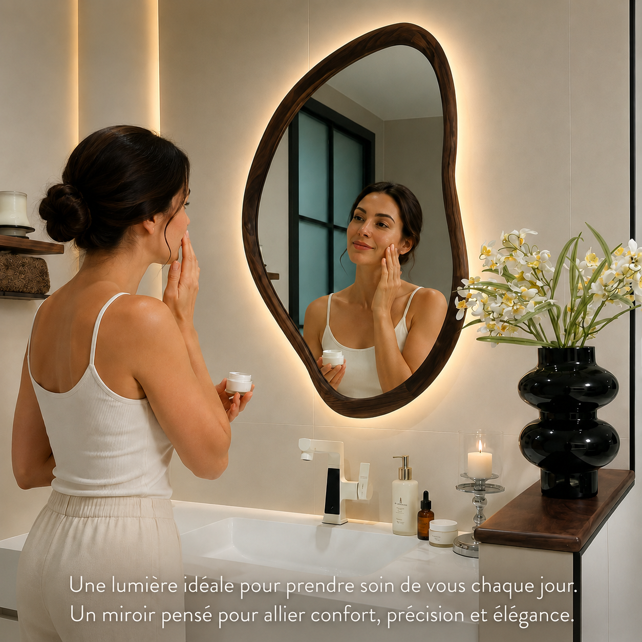 Miroir Mural Forme Irrégulière Bois Salle de Bain – Miroir Asymétrique Naturel Décoratif Organique