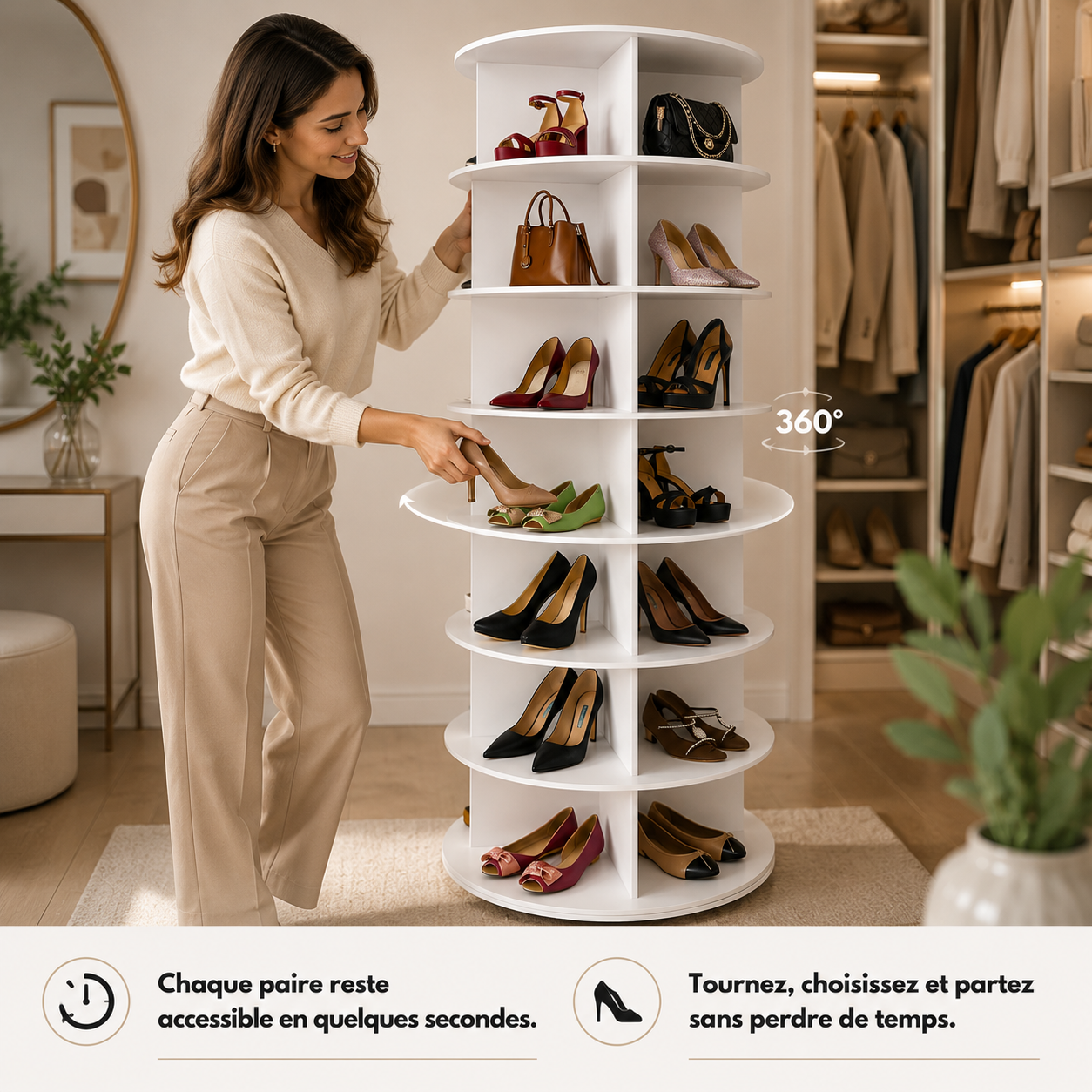 Tour Rotative Pivotante à Chaussures en Bois – Présentoir Tournant 360° Luxe Grande Capacité