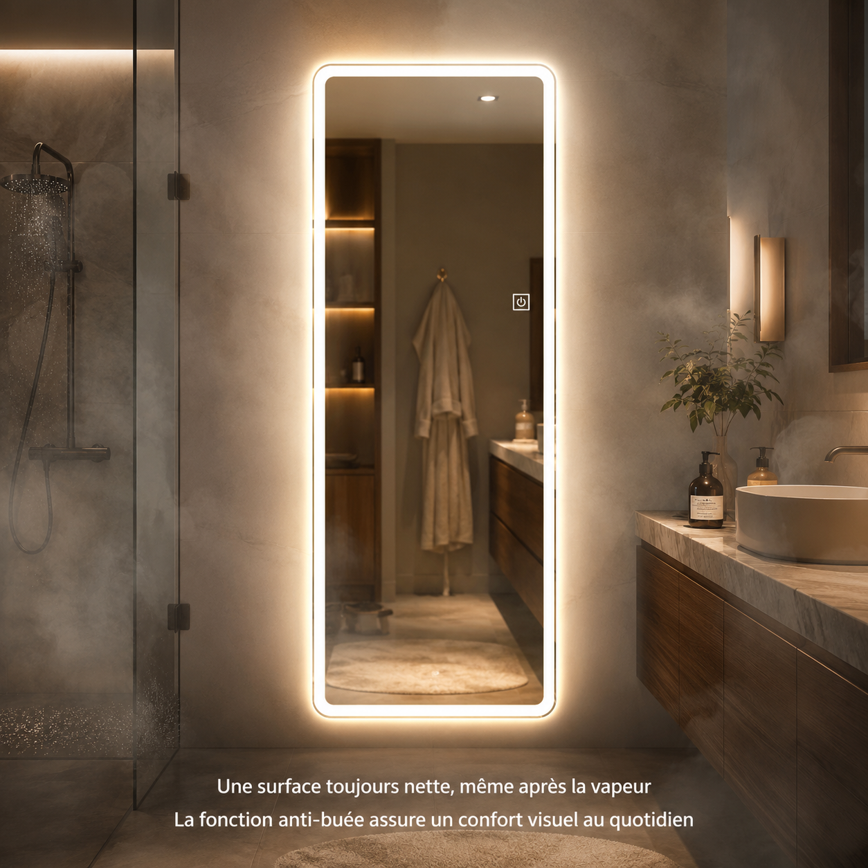 Miroir LED Acrylique Anti-Buée SHOUYA – Miroir Lumineux Salle de Bain Lumière Chaleureuse Design