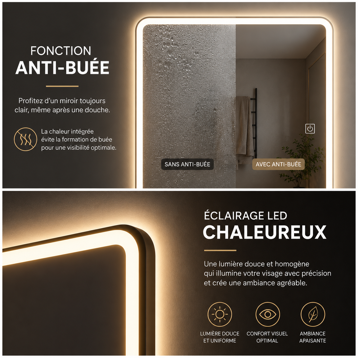 Miroir LED Acrylique Anti-Buée SHOUYA – Miroir Lumineux Salle de Bain Lumière Chaleureuse Design