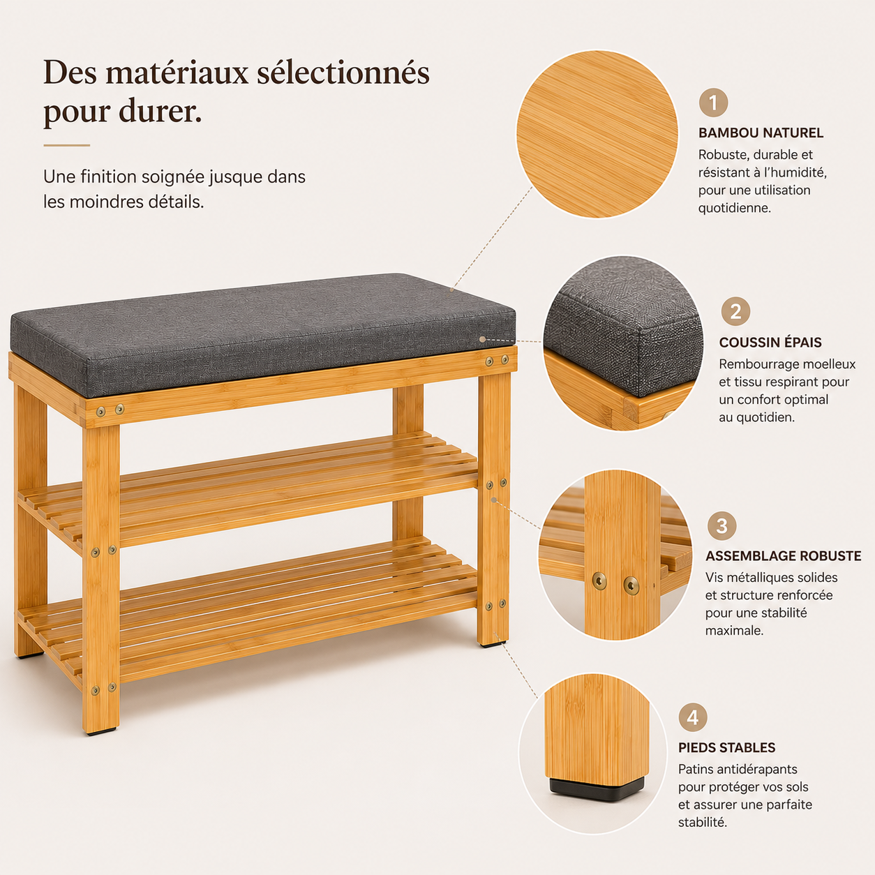 Banc Étagère Chaussures 3 Niveaux Bambou Naturel – Banquette Rangement Entrée Robuste Élégante