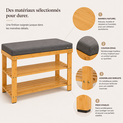 Banc Étagère Chaussures 3 Niveaux Bambou Naturel – Banquette Rangement Entrée Robuste Élégante
