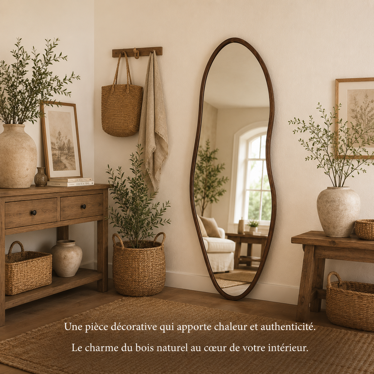 Miroir Pleine Longueur Bois Cadre Farmhouse – Grand Miroir Sol Style Rustique Chic Naturel