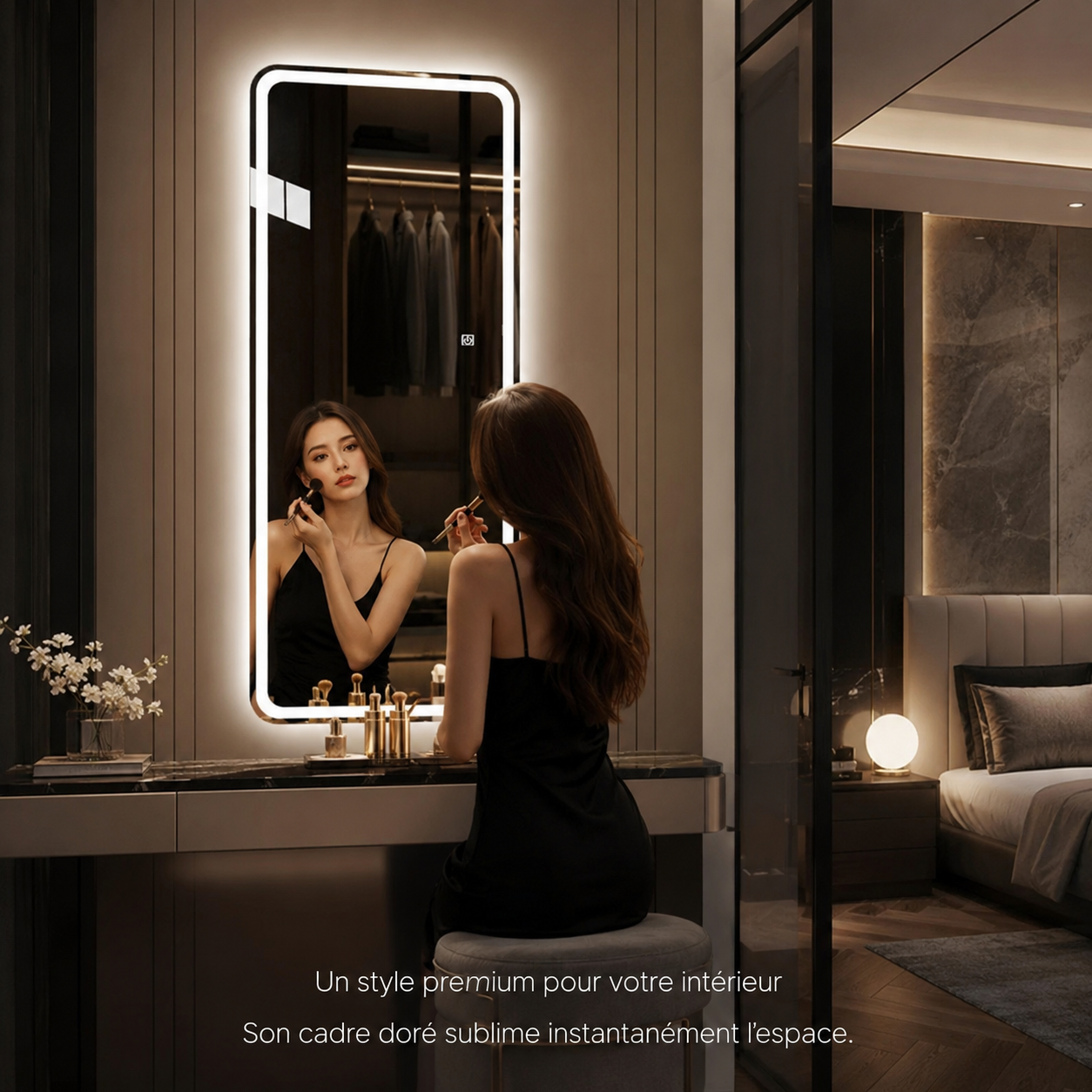 Miroir Maquillage Mural Cadre Doré Smart LED – Miroir Intelligent Or Rose Éclairé Haut de Gamme