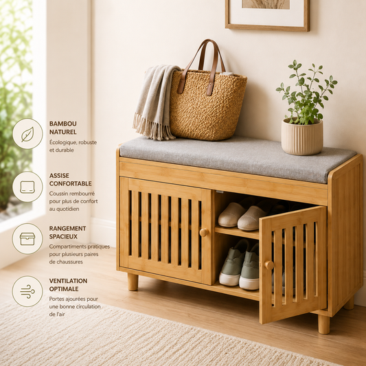 Banc Rangement Chaussures Bambou Entrée – Banquette Étagère Intégrée Écologique Design Naturel