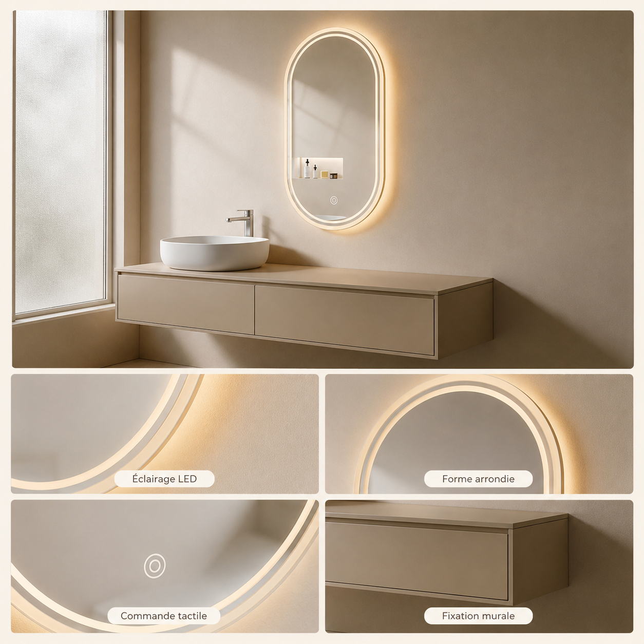 Miroir Joystar IP44 Étanche LED Moderne – Miroir Salle de Bain Waterproof Éclairage Intégré