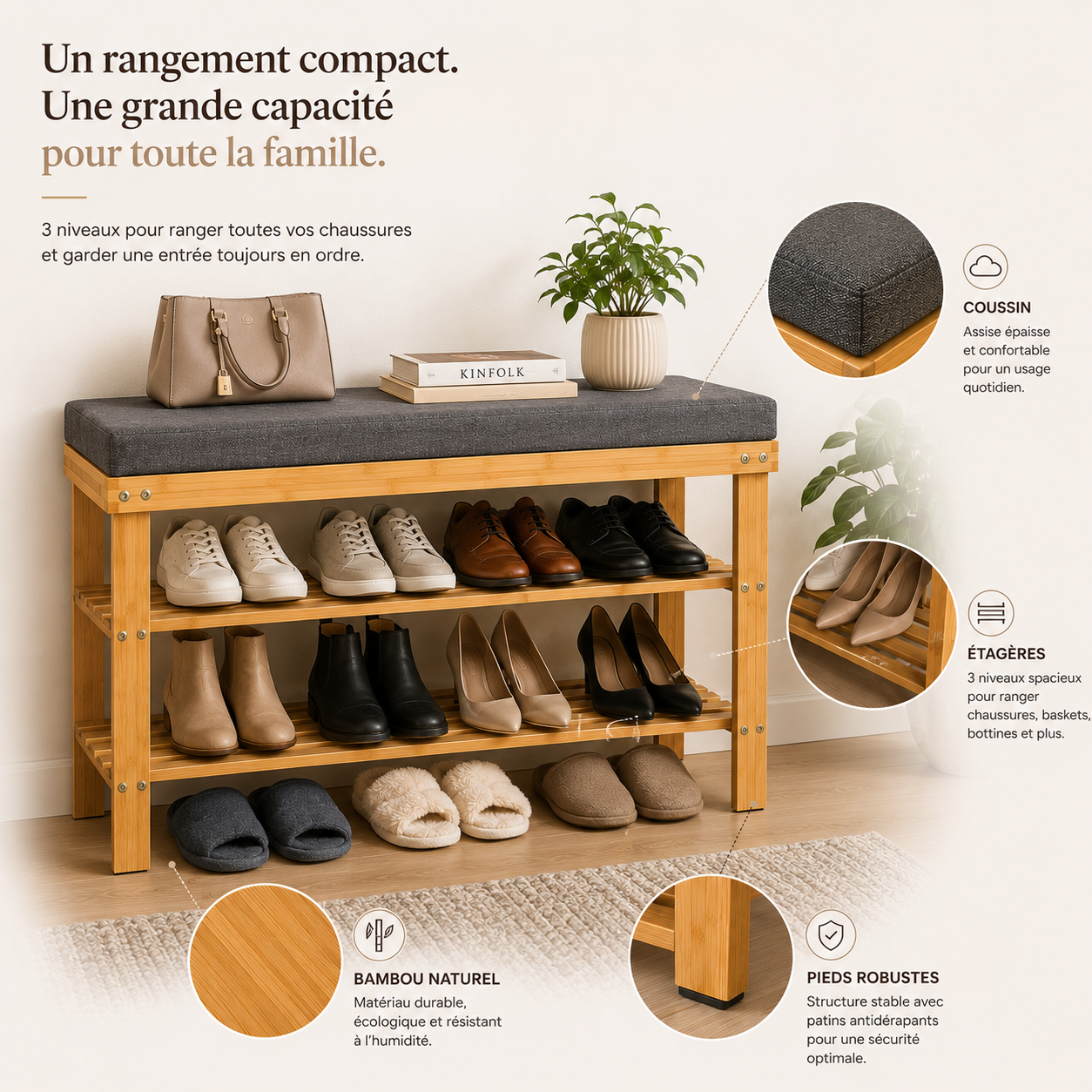 Banc Étagère Chaussures 3 Niveaux Bambou Naturel – Banquette Rangement Entrée Robuste Élégante