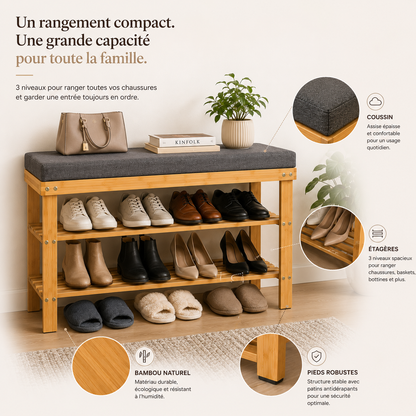 Banc Étagère Chaussures 3 Niveaux Bambou Naturel – Banquette Rangement Entrée Robuste Élégante
