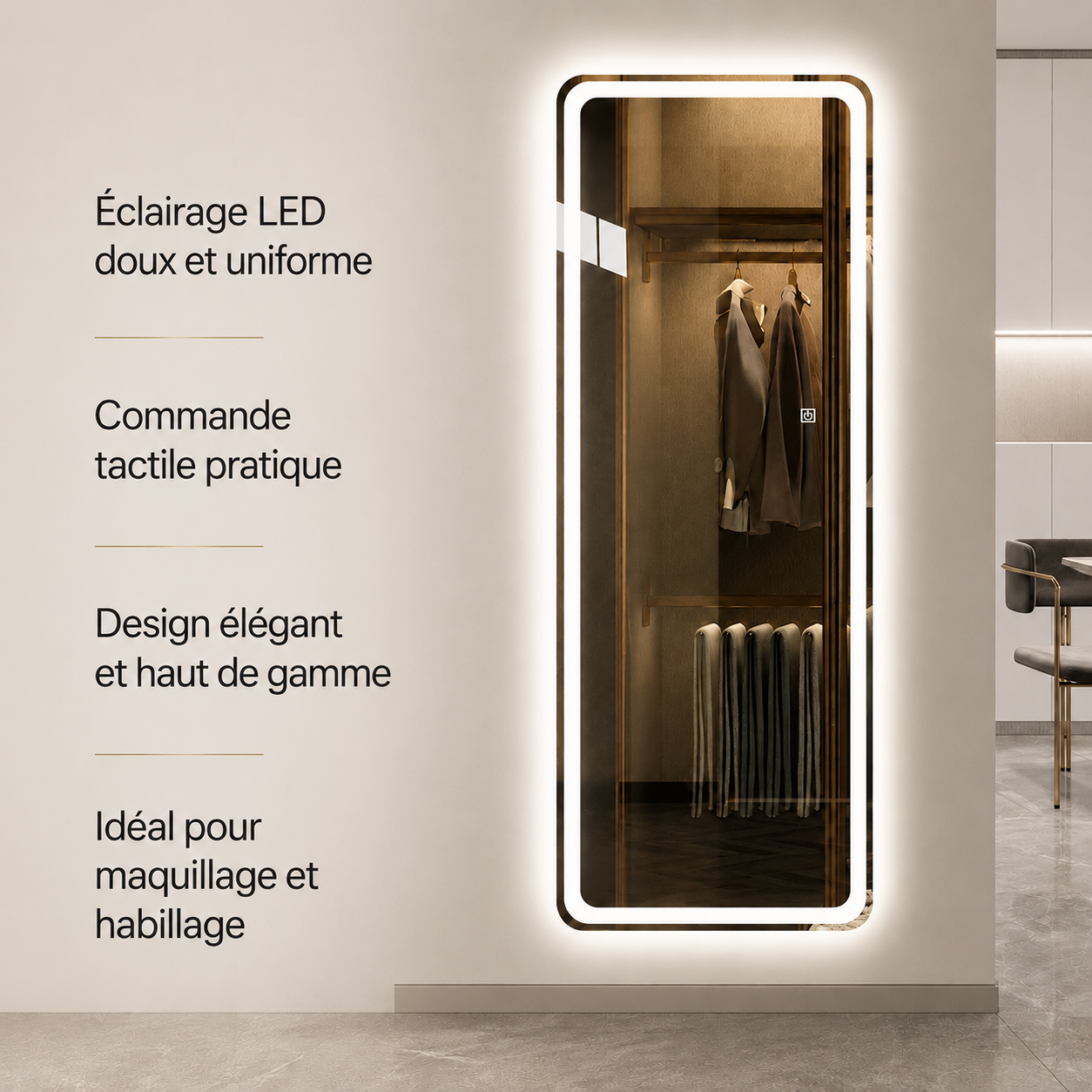 Miroir Maquillage Mural Cadre Doré Smart LED – Miroir Intelligent Or Rose Éclairé Haut de Gamme