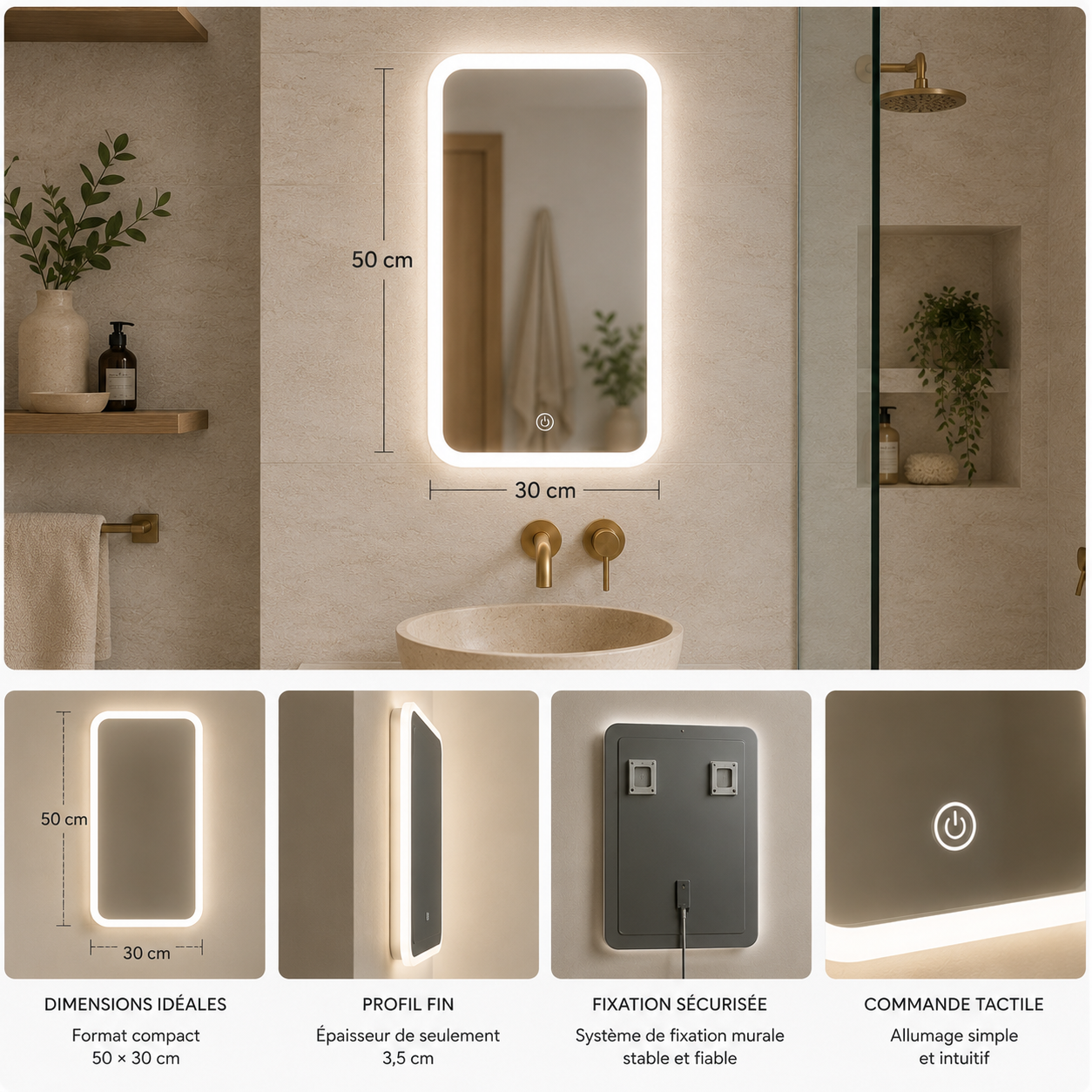 Miroir LED Rectangulaire Salle de Bain 50x30cm Siena – Miroir Lumineux Moderne Mural Épuré