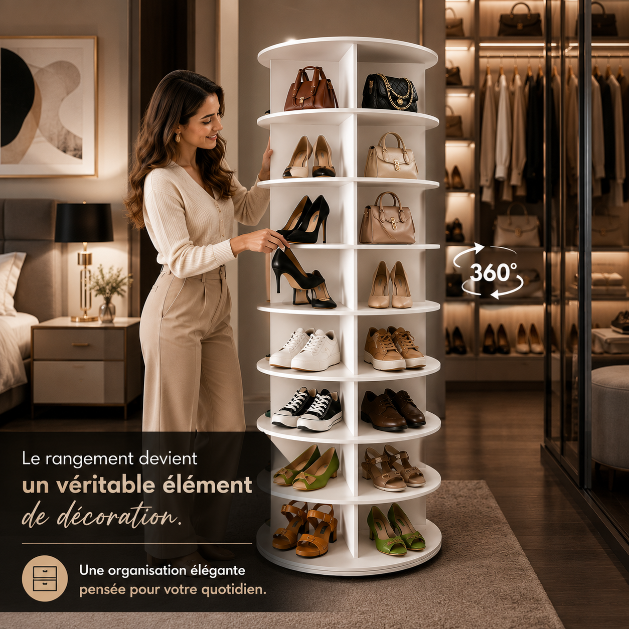 Tour Rotative Pivotante à Chaussures en Bois – Présentoir Tournant 360° Luxe Grande Capacité
