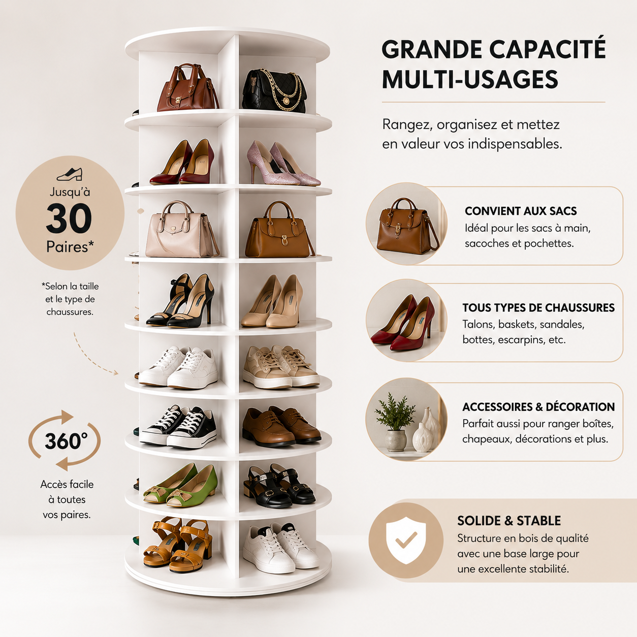 Tour Rotative Pivotante à Chaussures en Bois – Présentoir Tournant 360° Luxe Grande Capacité