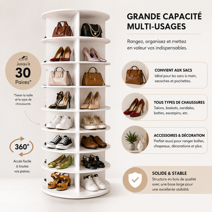 Tour Rotative Pivotante à Chaussures en Bois – Présentoir Tournant 360° Luxe Grande Capacité
