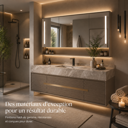 Meuble d'évier flottant mural à panneau cannelé en Offre Spéciale Meuble de salle de bain moderne avec miroir