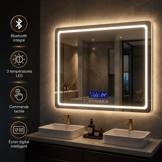 Miroir Bluetooth Smart Touch LED Hôtel Collection – Miroir Intelligent 3 Températures Lumière