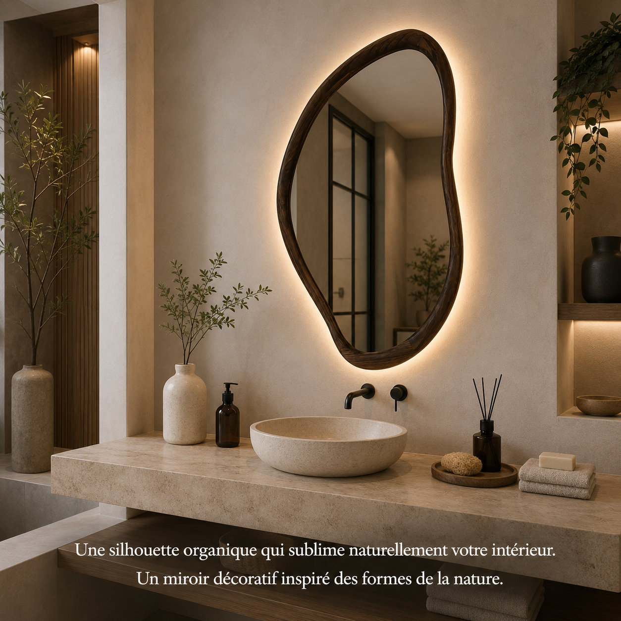 Miroir Mural Forme Irrégulière Bois Salle de Bain – Miroir Asymétrique Naturel Décoratif Organique