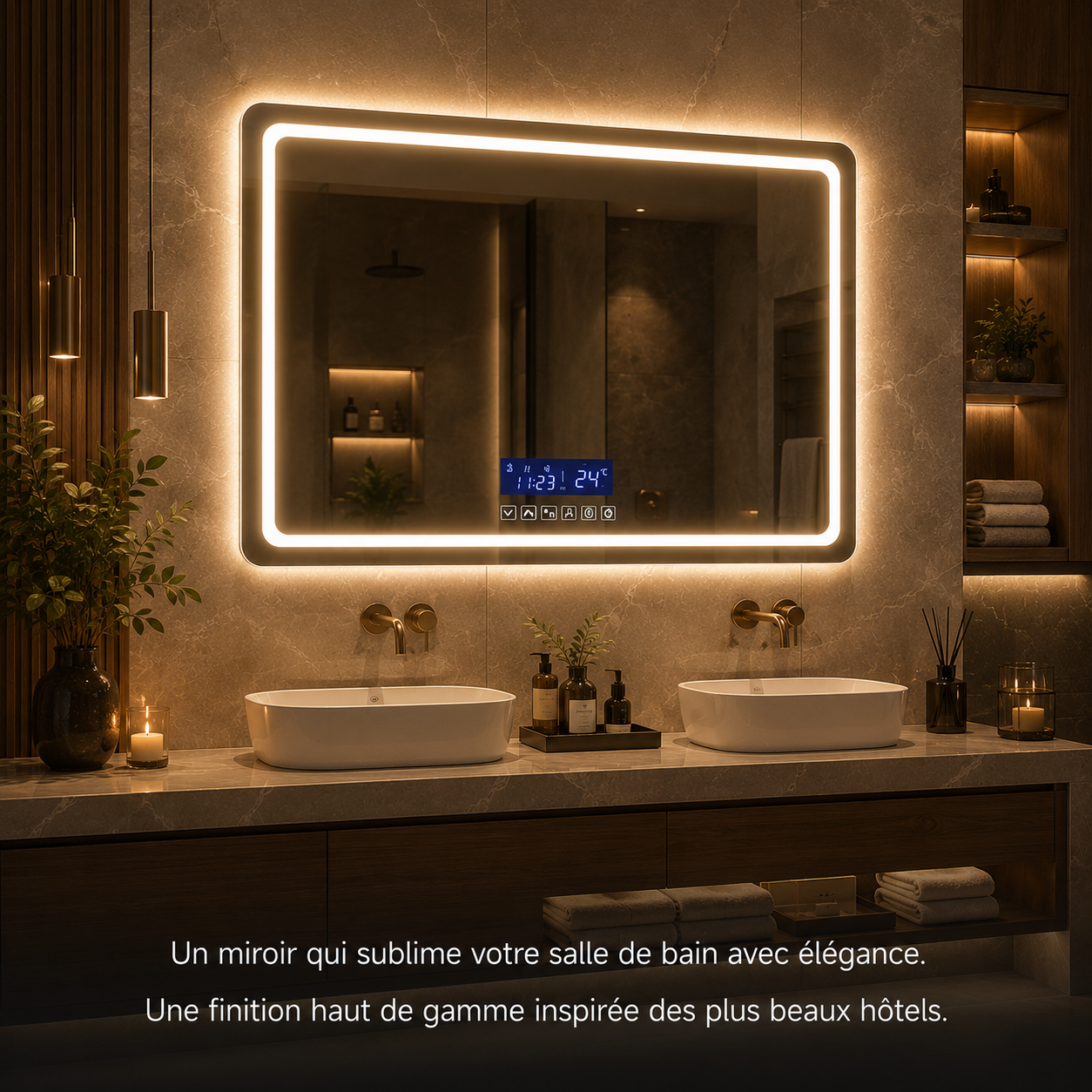 Miroir Bluetooth Smart Touch LED Hôtel Collection – Miroir Intelligent 3 Températures Lumière