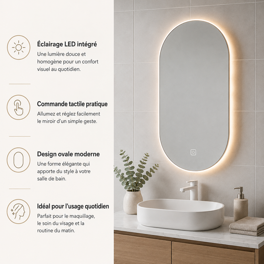 Miroir Ovale Joystar Smart LED Salle de Bain – Miroir Lumineux Forme Ovale Moderne Tactile