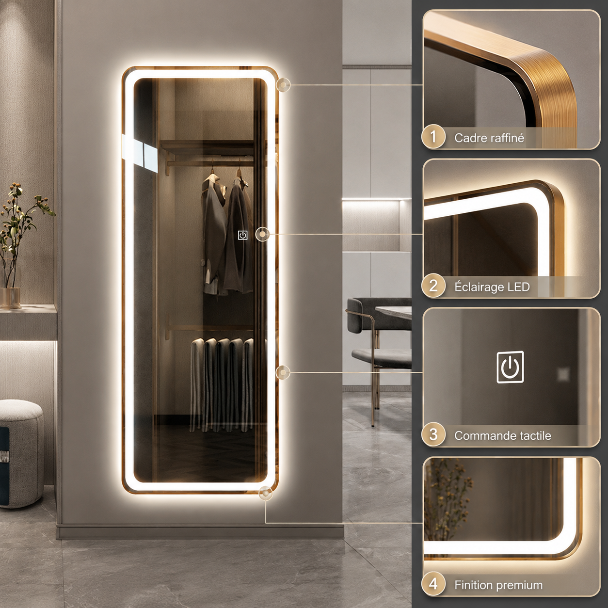 Miroir Maquillage Mural Cadre Doré Smart LED – Miroir Intelligent Or Rose Éclairé Haut de Gamme