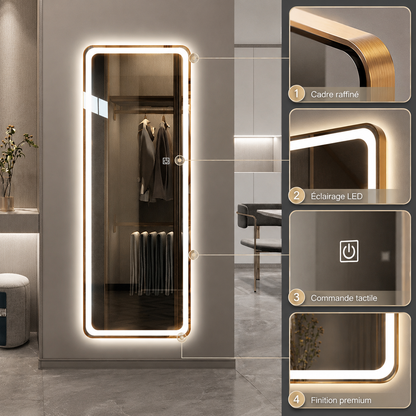 Miroir Maquillage Mural Cadre Doré Smart LED – Miroir Intelligent Or Rose Éclairé Haut de Gamme