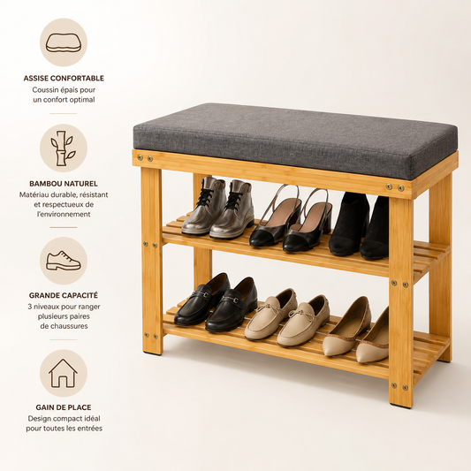 Banc Étagère Chaussures 3 Niveaux Bambou Naturel – Banquette Rangement Entrée Robuste Élégante