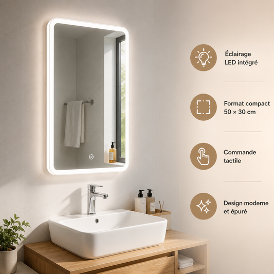 Miroir LED Rectangulaire Salle de Bain 50x30cm Siena – Miroir Lumineux Moderne Mural Épuré