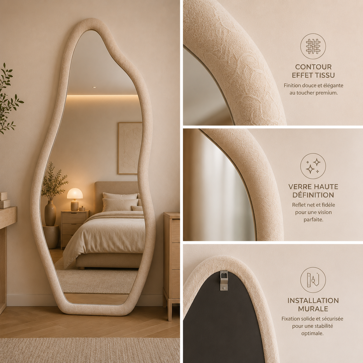 Miroir Pleine Longueur Tissu Adhésif Chambre – Grand Miroir Mural Sans Cadre Collant Contemporain
