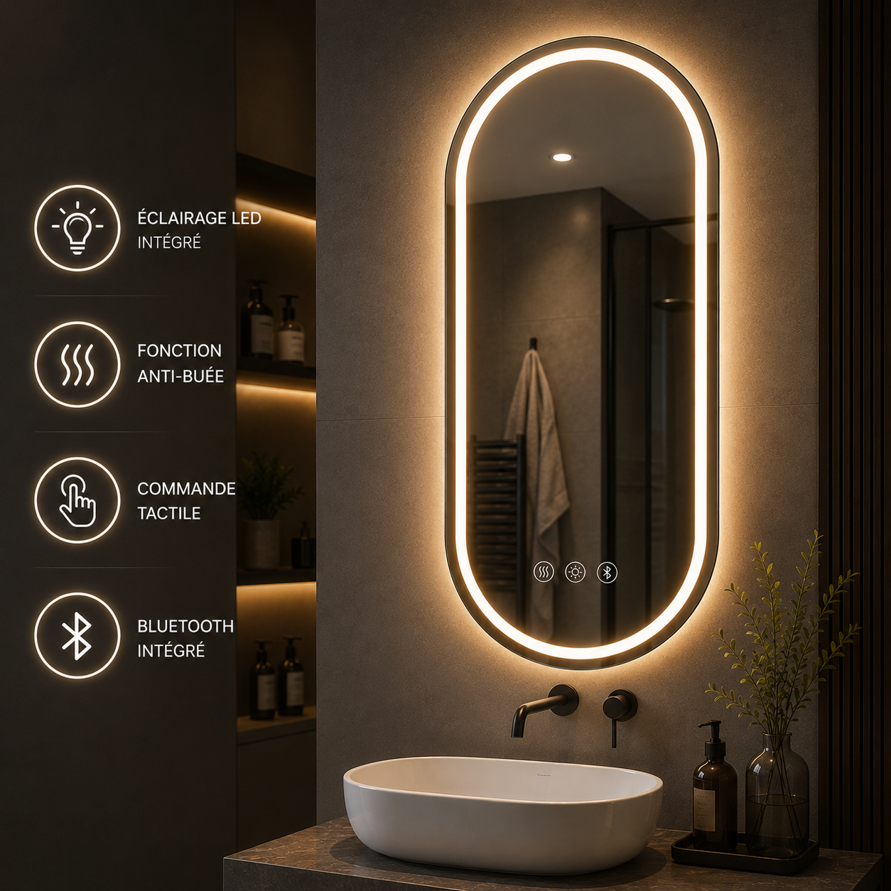 Miroir LED Tactile Bluetooth Anti-Buée – Miroir Salle de Bain Connecté Éclairage Intégré Smart
