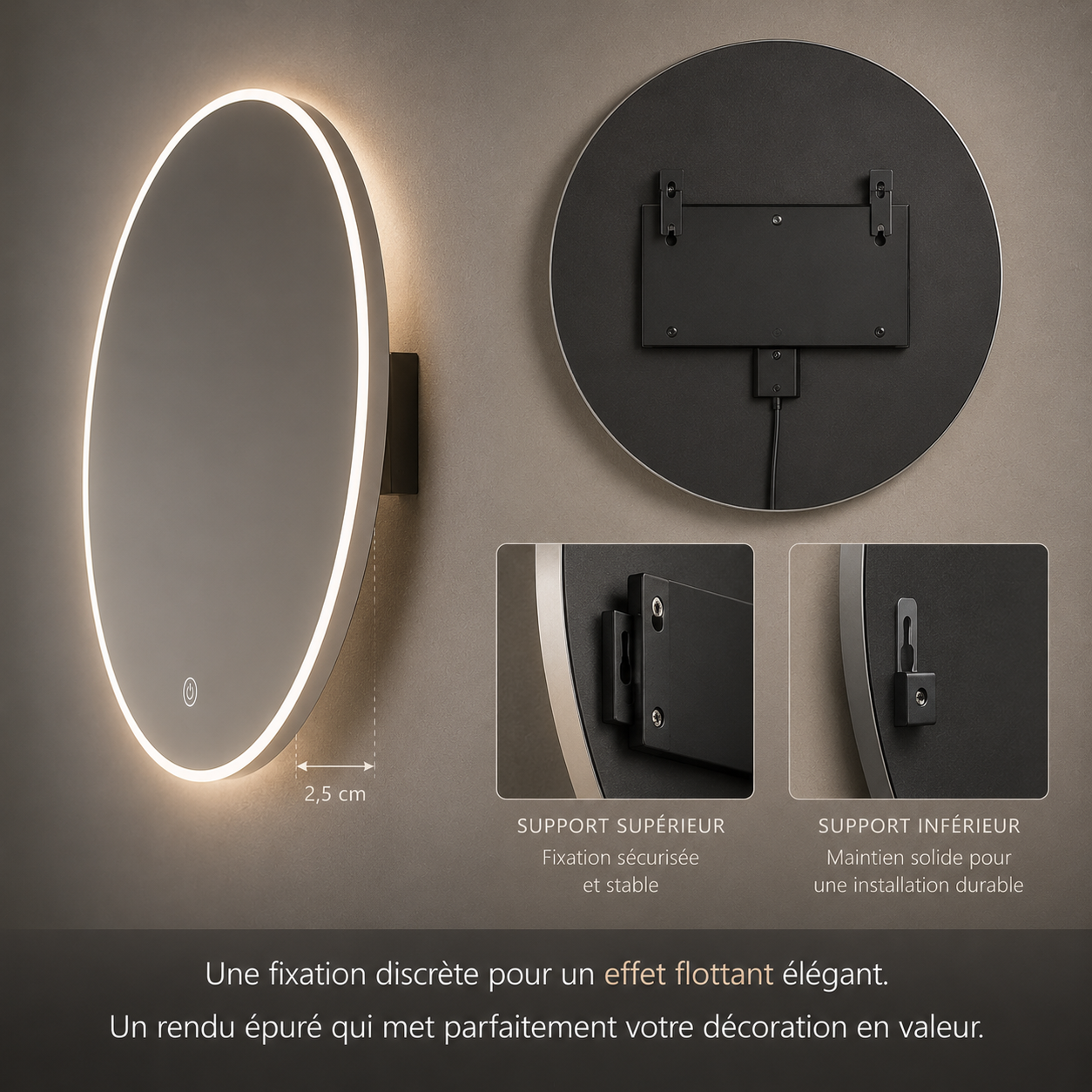 Miroir Rond LED Smart Joystar Salle de Bain – Miroir Lumineux Circulaire Éclairage Intégré Moderne