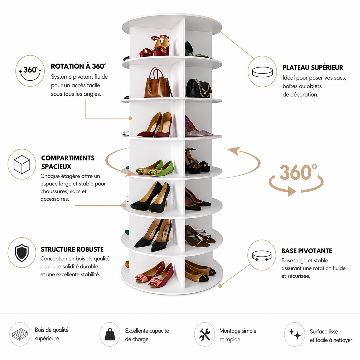 Tour Rotative Pivotante à Chaussures en Bois – Présentoir Tournant 360° Luxe Grande Capacité