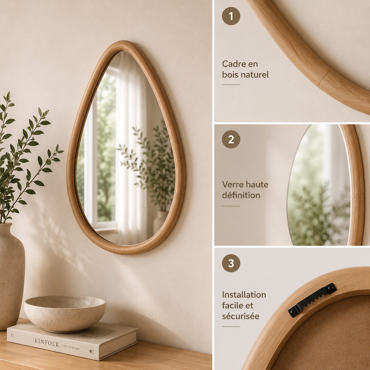 Miroir Mural Bois Naturel Forme Irrégulière 21x26cm – Miroir Organique Décoratif Chambre Salon