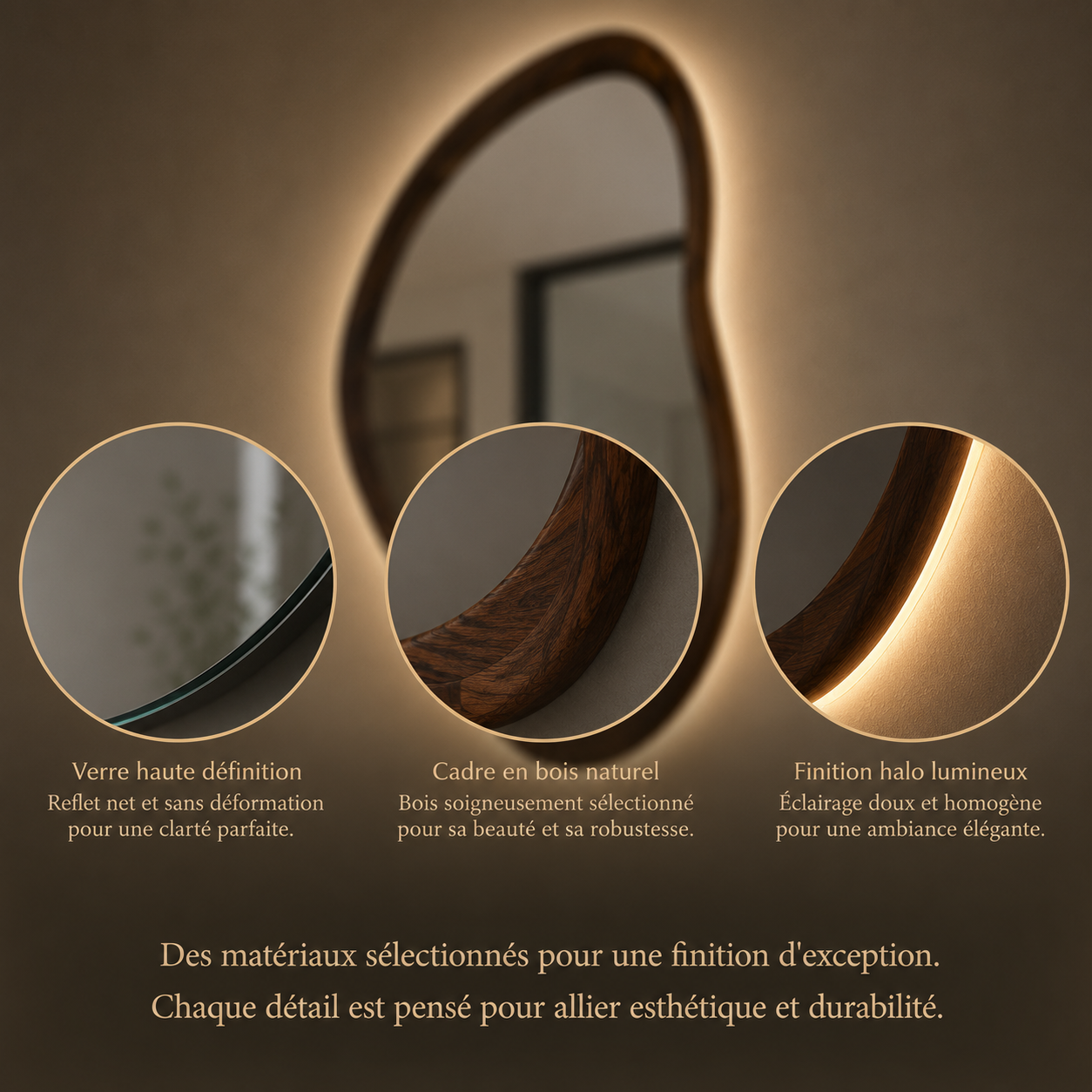 Miroir Mural Forme Irrégulière Bois Salle de Bain – Miroir Asymétrique Naturel Décoratif Organique