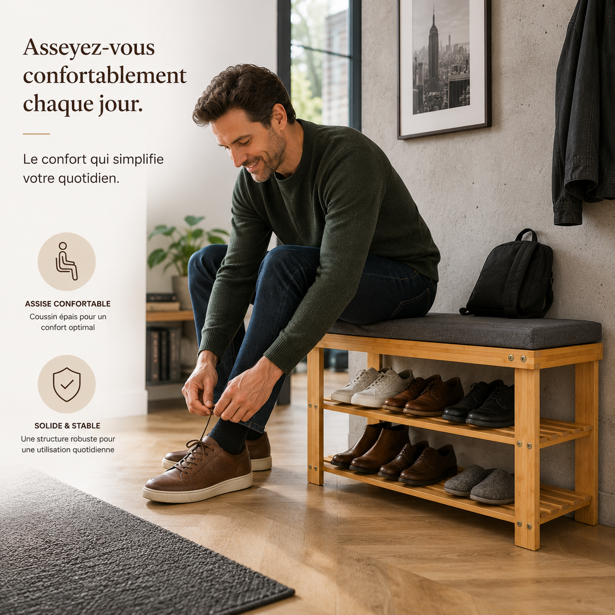 Banc Étagère Chaussures 3 Niveaux Bambou Naturel – Banquette Rangement Entrée Robuste Élégante
