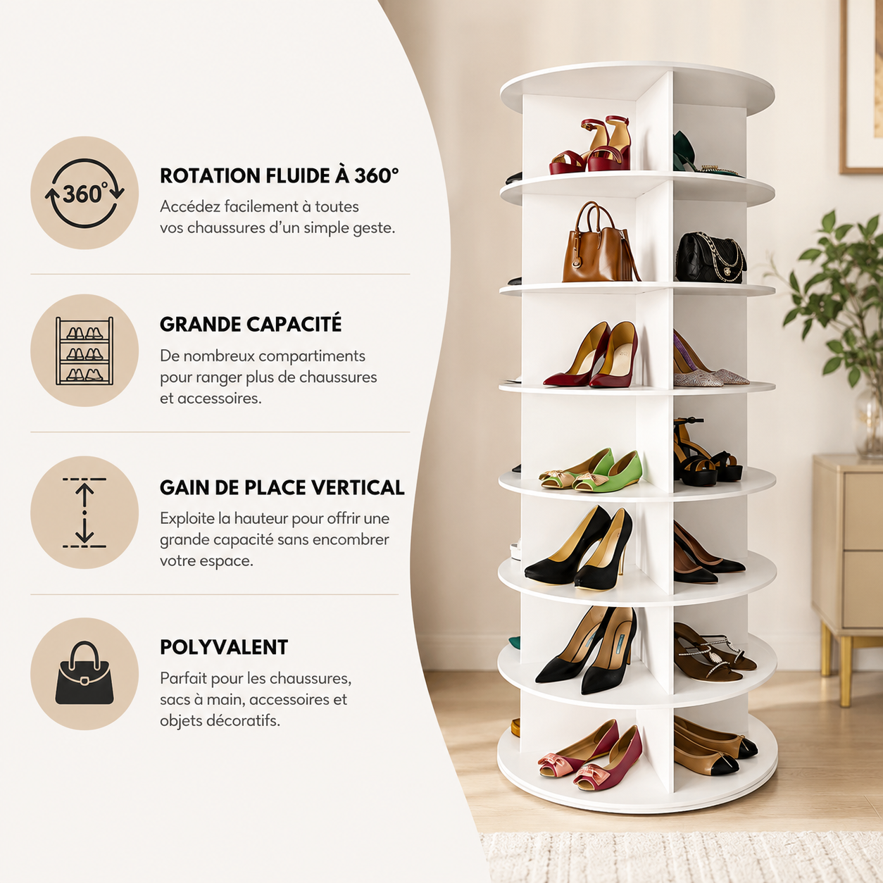 Tour Rotative Pivotante à Chaussures en Bois – Présentoir Tournant 360° Luxe Grande Capacité