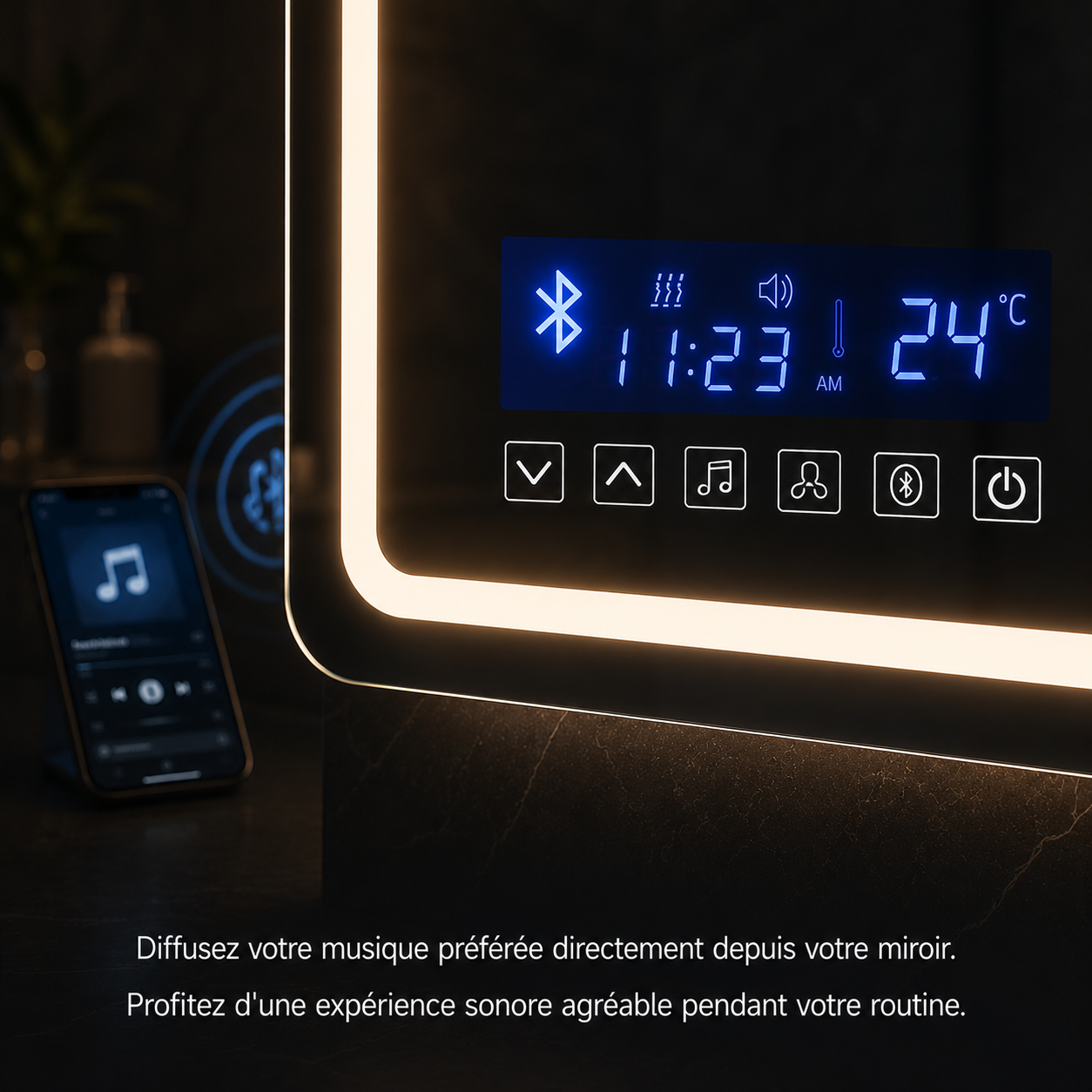 Miroir Bluetooth Smart Touch LED Hôtel Collection – Miroir Intelligent 3 Températures Lumière