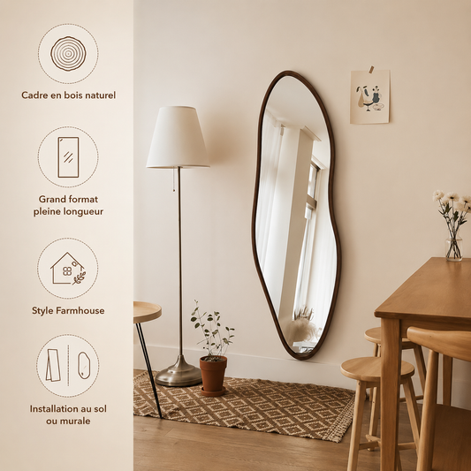 Miroir Pleine Longueur Bois Cadre Farmhouse – Grand Miroir Sol Style Rustique Chic Naturel