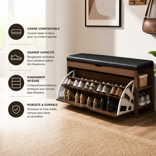 Banc à Chaussures Rembourré Bois Coussin Doux – Assise Confort Premium avec Rangement Intégré