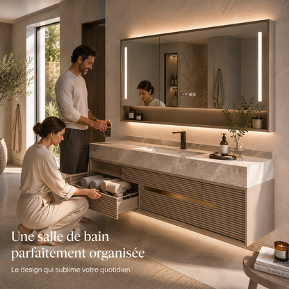 Meuble d'évier flottant mural à panneau cannelé en Offre Spéciale Meuble de salle de bain moderne avec miroir