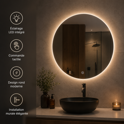 Miroir Rond LED Smart Joystar Salle de Bain – Miroir Lumineux Circulaire Éclairage Intégré Moderne